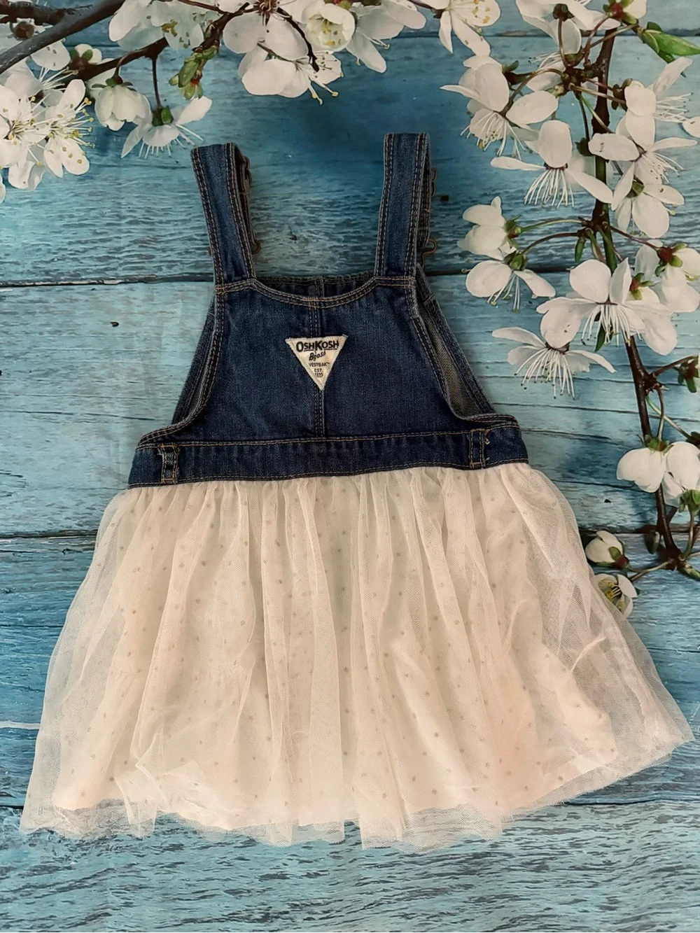 Retro OshKosh B'gosh Denim Bib & Ivory Tulle Overall Dress for Kids 3T